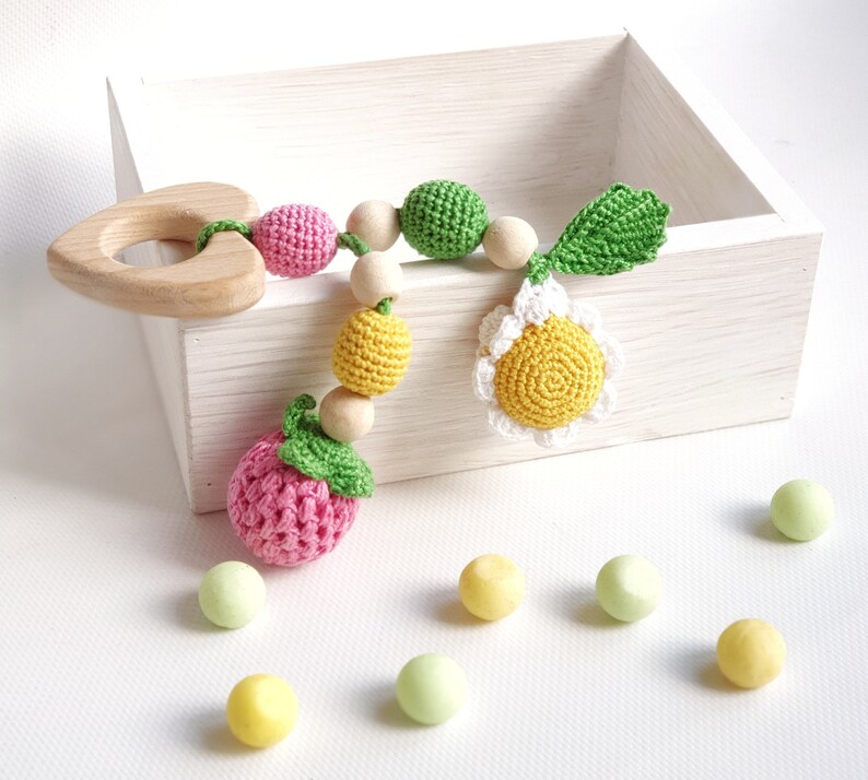 Wooden teething toy Crochet teether rattle Valentine baby Etsy