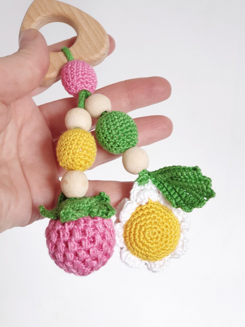 Wooden teething toy Crochet teether rattle Valentine baby Etsy