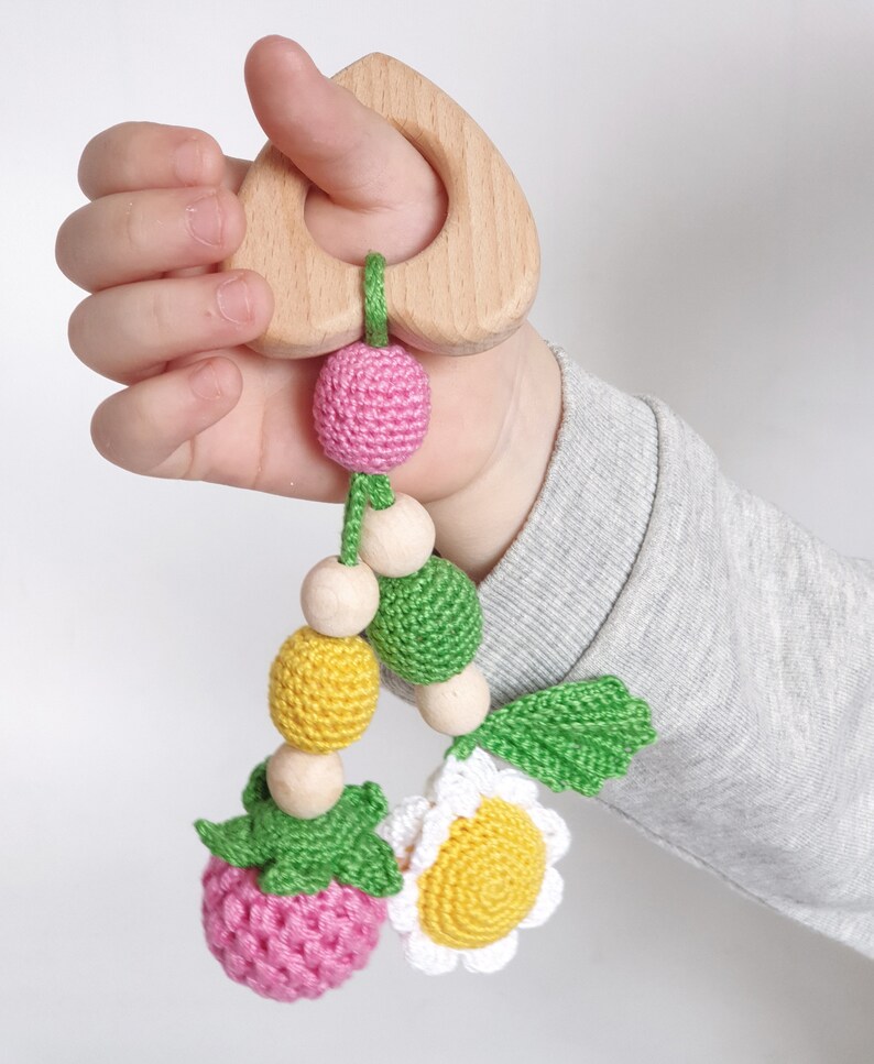 Wooden teething toy Crochet teether rattle Valentine baby Etsy