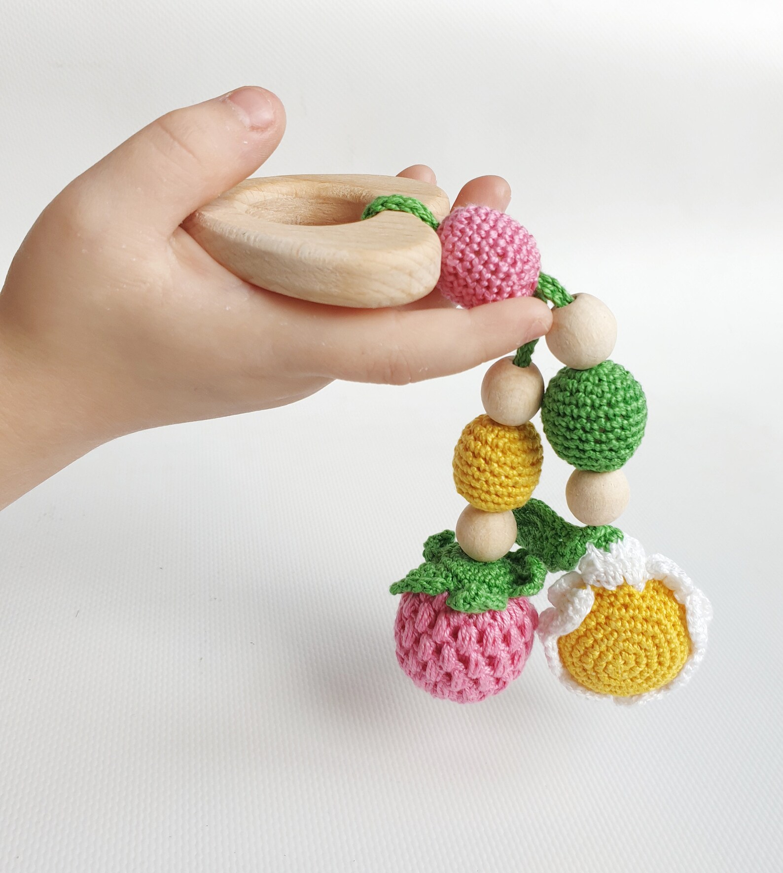 Wooden teething toy Crochet teether rattle Valentine baby Etsy
