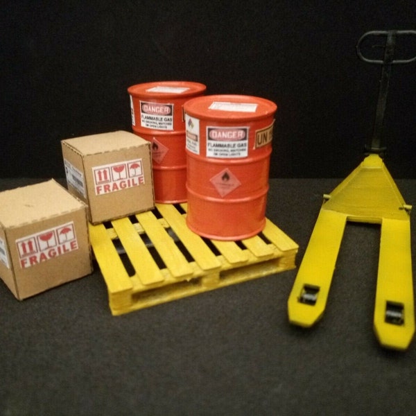 Miniature Dollhouse Accessories Set: Pallet Truck, Oil Barrel, Card Boxes, Pallet Wood - 1/24 Scale