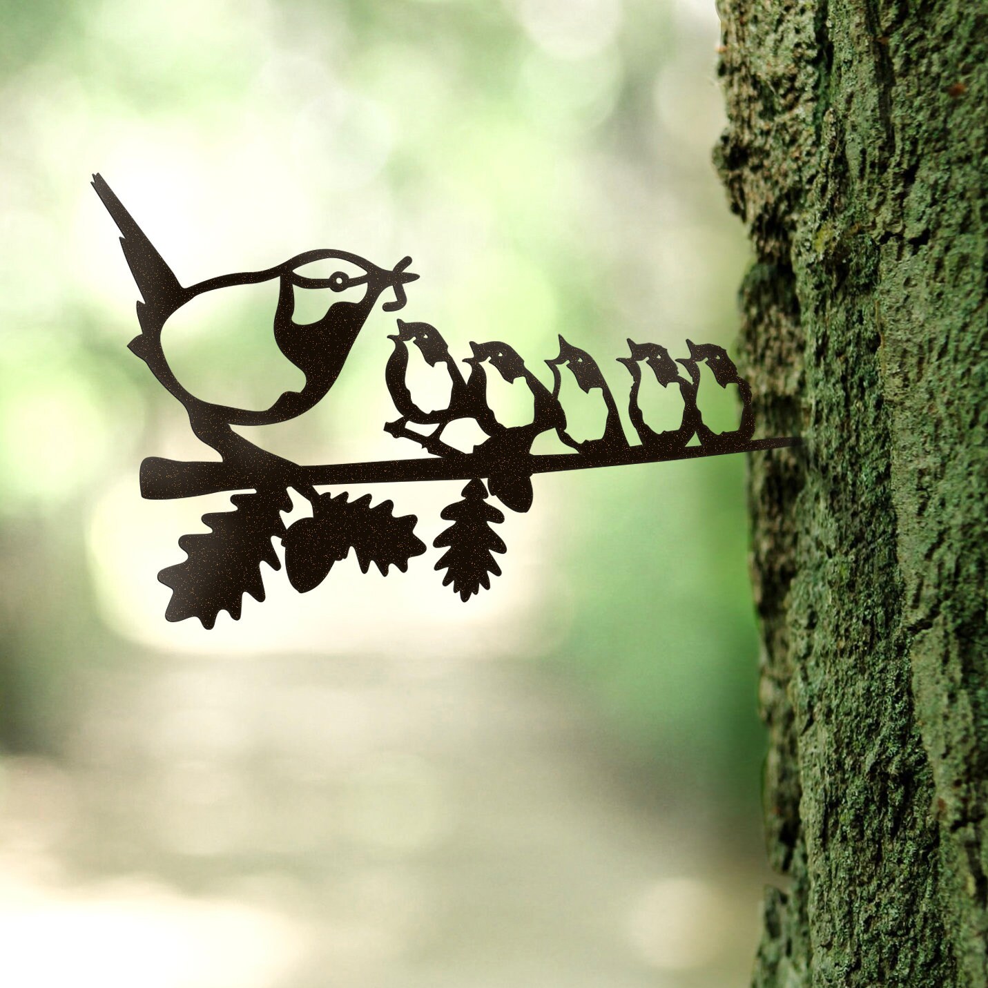 Metal Birds on a Branch Adult Wren with 5 chicks Etsy