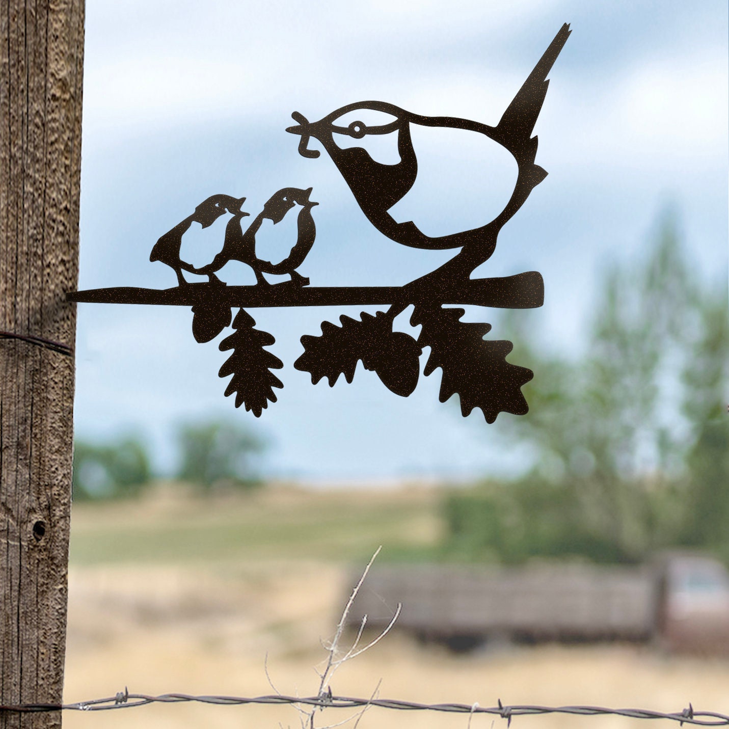 Metal Birds on a Branch Adult Wren With 2 Chicks Etsy UK