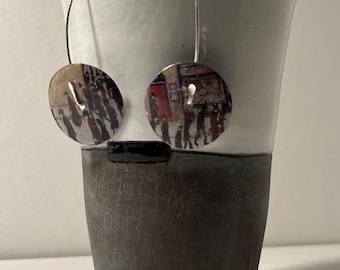 Unique L S Lowry Design Decorative Drop Threader Tin Earrings. Sterling Silver Handmade Ear wires