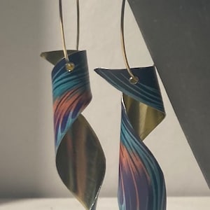 Stunning curled Peacock Feather Style Statement Hoop Earrings. Handmade from a Used Tin. 14k Gold Plated 30mm Hoops