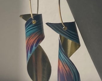 Stunning curled Peacock Feather Style Statement Hoop Earrings. Handmade from a Used Tin. 14k Gold Plated 30mm Hoops
