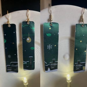 Whimsical Upcycled Tin Skyline Long Drop Earrings. 925 Silver Hooks