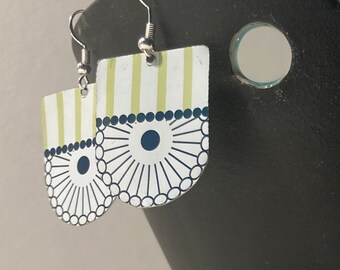 Fresh Springlike Navy & Lime Green Drop Earrings. Handmsde from Upcycled Tin. 925 Silver Hooks