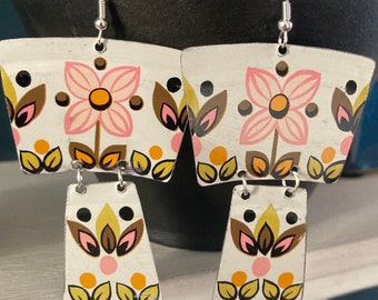 Retro Statement Drop Earrings Up-cycled from a Vintage 1970s Cake Tin. 825 Silver Hooks