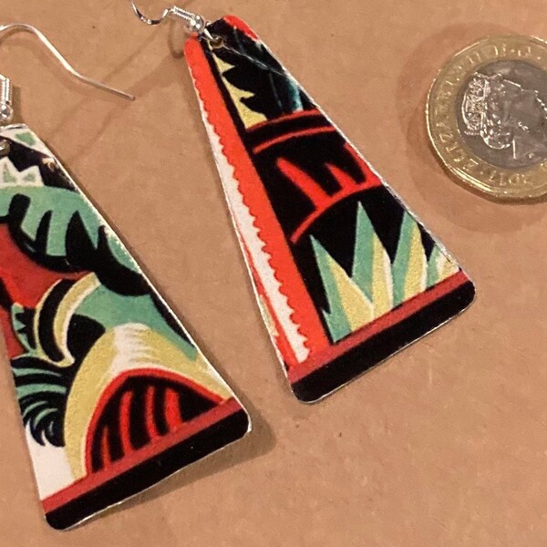 Statement Tropical Design Lightweight Drop Earrings. Upcycled repro-Kew Gardens Tin Sign. Handmade. Free gift packaging and postage