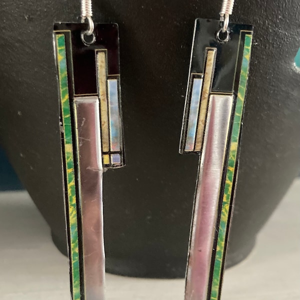 Statement long drop Art Deco earrings. Handmade. Upcycled Tin. 925 silver hooks.