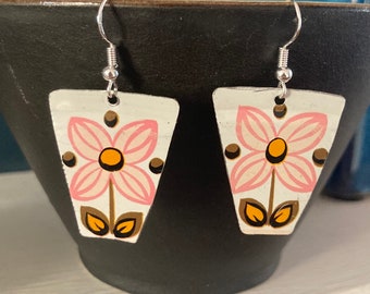 Retro ‘Flower Pot’ Drop Earrings, from an Up-cycled 1970s Vintage Cake Tin! 925 Silver Hooks