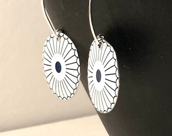 Navy and White Recycled Tin Earrings for Spring. Lightweight & Fresh