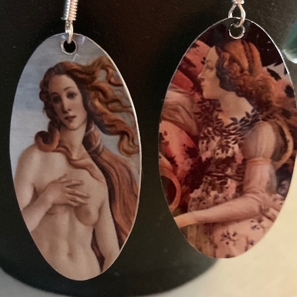 Boucles d'oreilles inspirées de la « Naissance de Vénus » de Botticelli. Fabriqué à la main à partir d'une boîte décorative. Crochets en argent 925