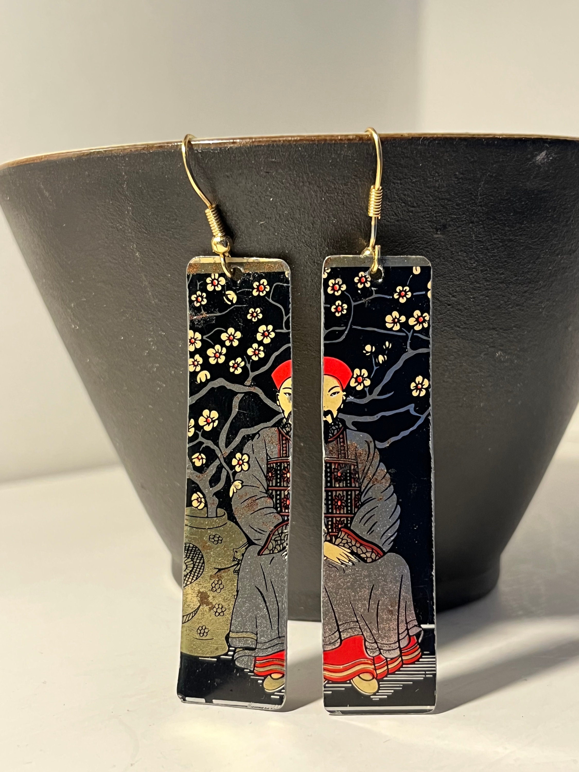 Stunning Drop Earrings made from a Vintage Oriental Design Tin Tea Caddy.