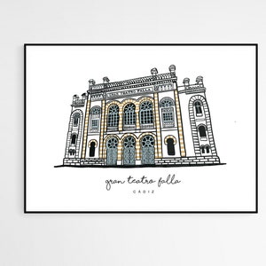 May include: A black and white line drawing of the Gran Teatro Falla in Cadiz, Spain. The building has a white facade with black trim and yellow accents. The text "Gran Teatro Falla Cadiz" is written below the building.