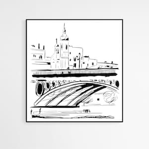 May include: Black and white line drawing of a bridge over a river with a church building in the background.