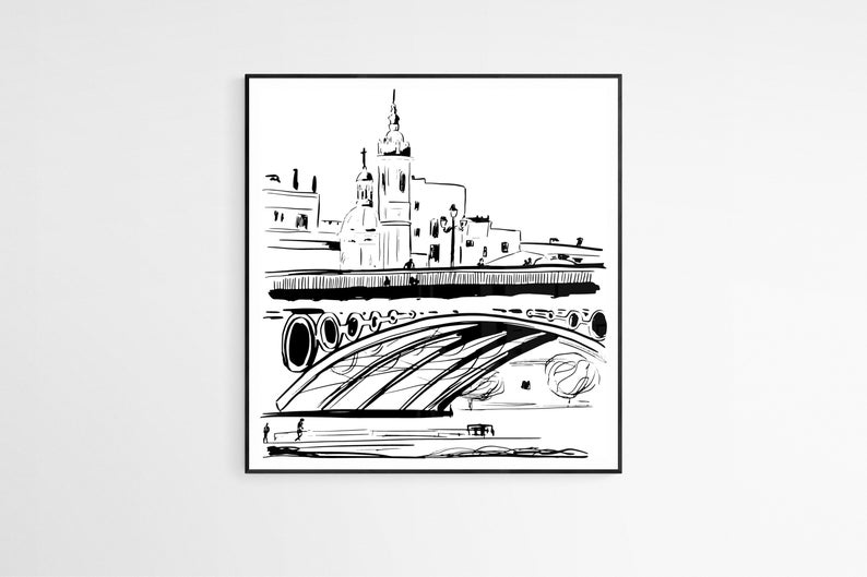 May include: Black and white line drawing of a bridge over a river with a church building in the background.