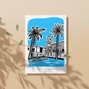 May include: A black and white illustration of a Spanish city scene with palm trees and a church against a blue sky. The text "canil de la frontera CADIZ" is at the bottom of the image.