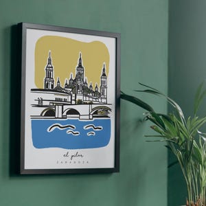 Puede incluir: Lámina artística enmarcada con una ilustración estilizada de El Pilar en Zaragoza, España. La obra utiliza líneas negras con bloques de color amarillo y azul. El texto "el pilar zaragoza" está en la parte inferior.