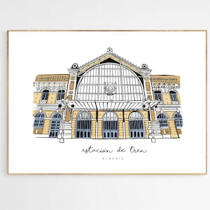 Puede incluir: Un dibujo en blanco y negro de una estación de tren con una gran ventana arqueada y el texto "estacion de tren ALMERIA" debajo.