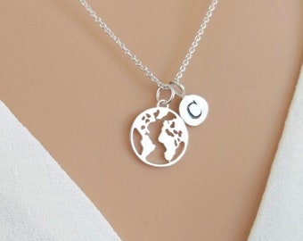 World map necklace sterling silver, personalised initial globe travel necklace, globe map jewelry, earth pendant necklace, graduation gift