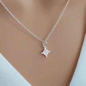 North star necklace sterling silver, Polaris starburst necklace, celestial star jewelry, silver cz diamond star necklace, North Star charm