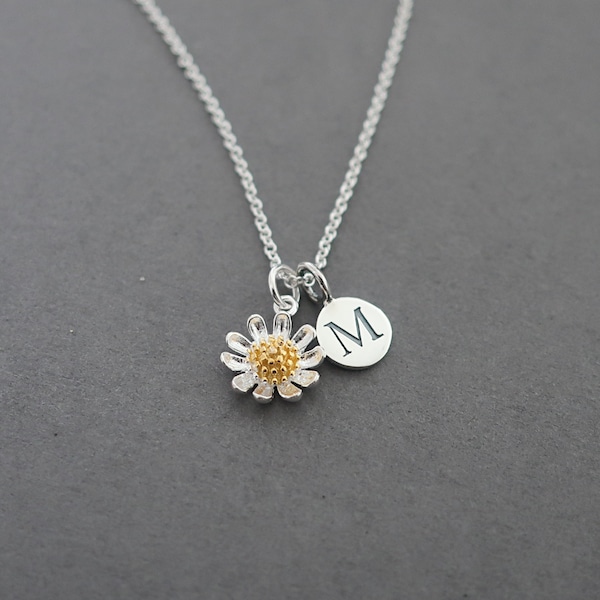 Daisy necklace sterling silver, personalised initial necklace, gold silver daisy flower charm necklace,daisy flower jewelry,gift for mum