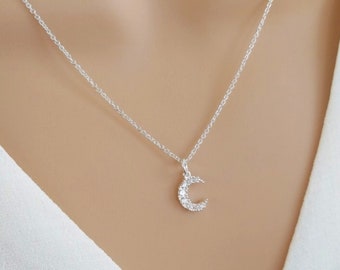 Half moon necklace, sterling silver crescent moon necklace, celestial moon jewelry, tiny dainty cz diamond moon necklace, moon charm pendant