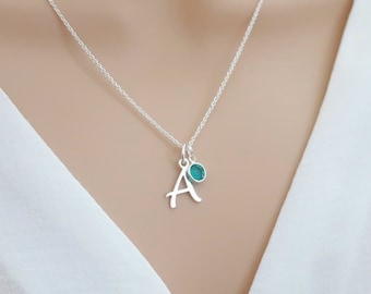 Bijoux de collier de pierre de naissance en argent sterling, bijoux de collier personnalisés, collier initiale et pierre de naissance pour femme maman, collier lettre