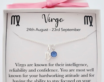 Sterling silver Virgo pendant necklace, zodiac star sign horoscope necklace jewelry, September birthday birthstone necklace jewelry gift