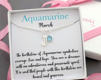 March birthstone necklace jewellery sterling silver, aquamarine necklace jewelry, aries pisces necklace, personalised initial necklace gift
