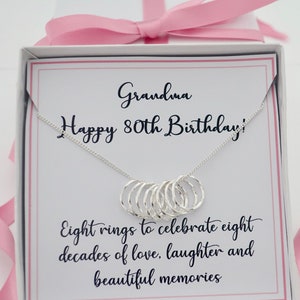 80th birthday necklace, 80th birthday gift for her women mum grandma gran nan, 80th birthday jewellery, 80th gift, 8 rings, sterling silver