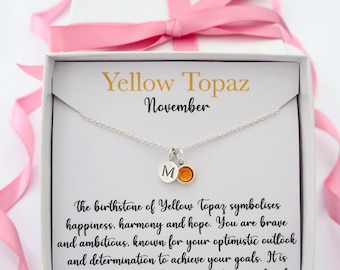 November birthstone necklace sterling silver, personalised initial & yellow topaz necklace, topaz birthstone November birthday jewelry gift