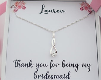 Bridesmaid necklace sterling silver, bridesmaid jewellery thank you gift, diamond crystal cz wedding necklace bridal party jewelry gift