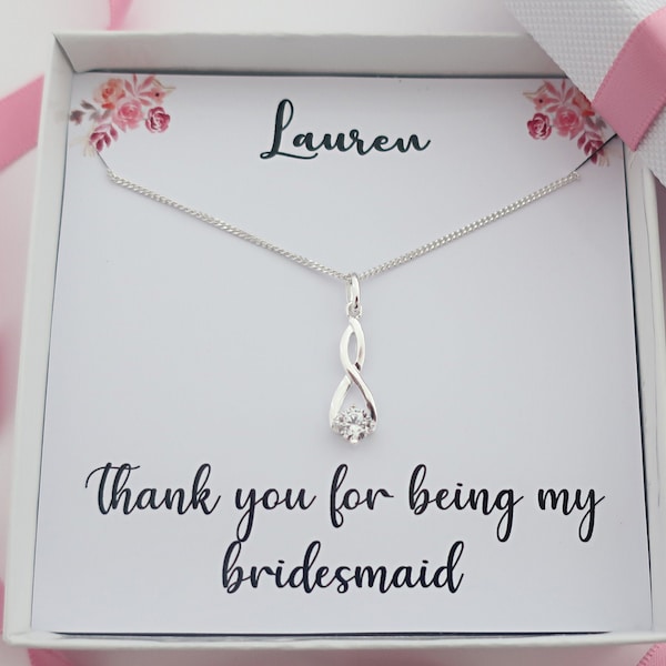 Bridesmaid necklace sterling silver, bridesmaid jewellery thank you gift, diamond crystal cz wedding necklace bridal party jewelry gift