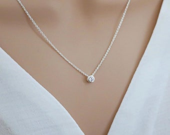 Tiny cz diamond necklace, floating diamond solitaire crystal necklace sterling silver, minimalist cubic zirconia bridal necklace, wedding
