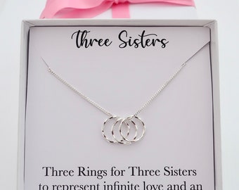 Three sisters necklace, three sisters jewellery gift, three rings for three sisters, 3 sisters charm necklace gift, 3 rings sterling silver