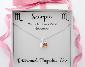 Sterling silver scorpio pendant necklace, zodiac star sign horoscope necklace jewelry, November birthday birthstone necklace jewelry gift