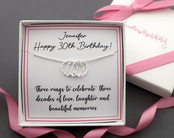 30th birthday necklace, 30th birthday gift for her women sister daughter, 30th birthday jewellery,30th gift,3 rings necklace sterling silver