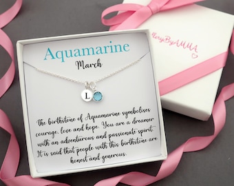 March birthstone necklace sterling silver,personalized initial aquamarine pisces Aries necklace,aquamarine birthstone march jewelry birthday