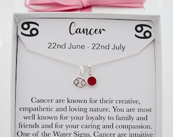 Sterling silver cancer pendant necklace, zodiac star sign horoscope necklace jewelry, June july birthday birthstone necklace jewelry gift