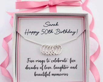 50th birthday necklace, 50th birthday gift for her women sister mum, 50th birthday jewellery,50th gift, 5 rings necklace  sterling silver