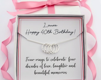 40th birthday necklace, 40th birthday gift for her women sister daughter, 40th birthday jewellery,40th gift,4 rings necklace sterling silver