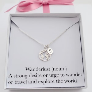 Wanderlust necklace jewelry gift, personalised world map initial necklace, adventure travel necklace jewelry gift for friend globe necklace