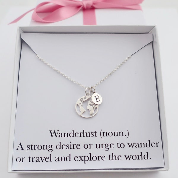 Regalo di gioielli con collana Wanderlust, collana iniziale personalizzata con mappa del mondo, regalo di gioielli con collana di viaggi avventurosi per la collana del globo di un amico