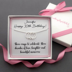 Collier 30e anniversaire, cadeau 30e anniversaire pour sa fille soeur, bijoux 30e anniversaire, cadeau 30e, collier 3 anneaux en argent sterling