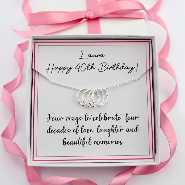 Collier du 40e anniversaire, cadeau du 40e anniversaire pour sa fille sœur, bijoux du 40e anniversaire, cadeau du 40e anniversaire, collier 4 anneaux en argent sterling