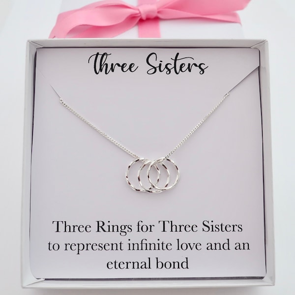 Three sisters necklace, three sisters jewellery gift, three rings for three sisters, 3 sisters charm necklace gift, 3 rings sterling silver