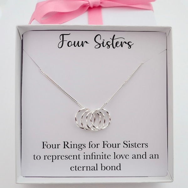 Collier quatre sœurs, cadeau de bijoux quatre sœurs, quatre bagues pour quatre sœurs, cadeau collier de charme 4 sœurs, 4 bagues en argent sterling